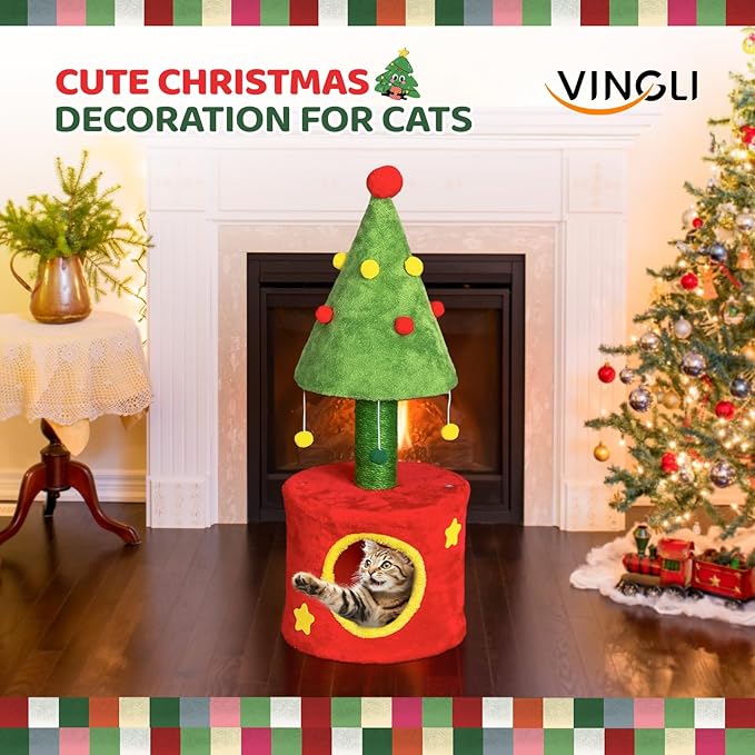 VINGLI 30IN Christmas Cat Scratching Post with Cat House, Small Cat Tree Tower for Indoor Kitten, Sisal Covered Post with Hanging Plush Balls, Red & Green Holiday Cat Furniture