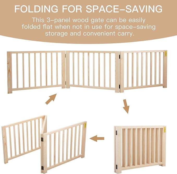 COZIWOW Freestanding Wooden Dog Gate - Indoor Pet Gate with Walk-Through Door, Adjustable and Portable Dog Barrier for Small to Medium Dogs, No Drilling Required, Stylish Wooden Finish,Natural
