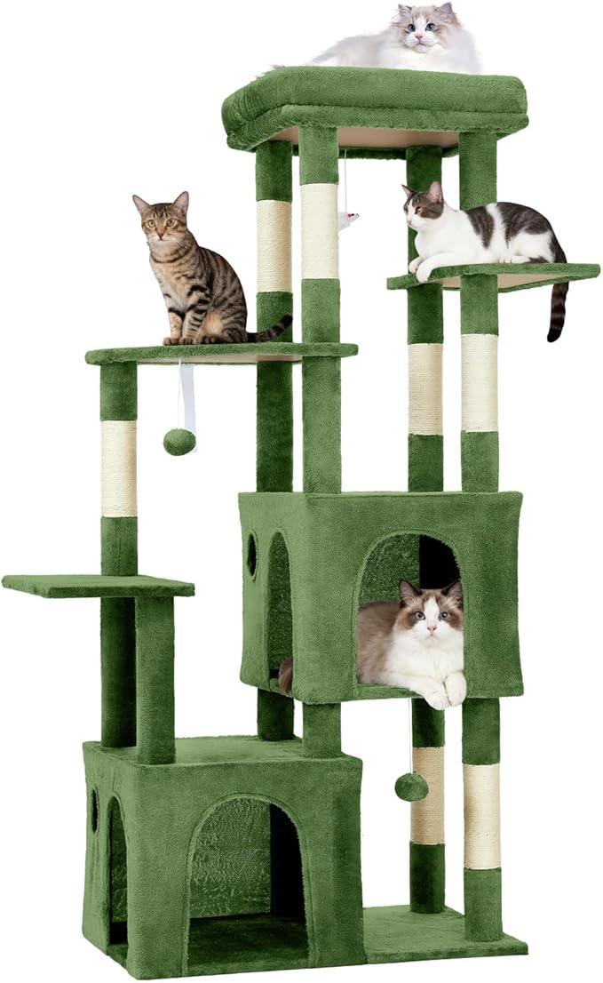 Cat Tree 61" Tall, Sisal Wrapped Scratching Post, Cat Nest, Hanging Ball, Extended Platform