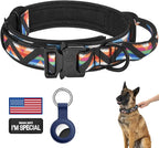 DAGANXI Tactical Dog Collar, Adjustable Military Training Nylon Dog Collar with Control Handle and Heavy Metal Buckle for Medium and Large Dogs, with Patches and Airtags Case (XL, Colorful Triangle)