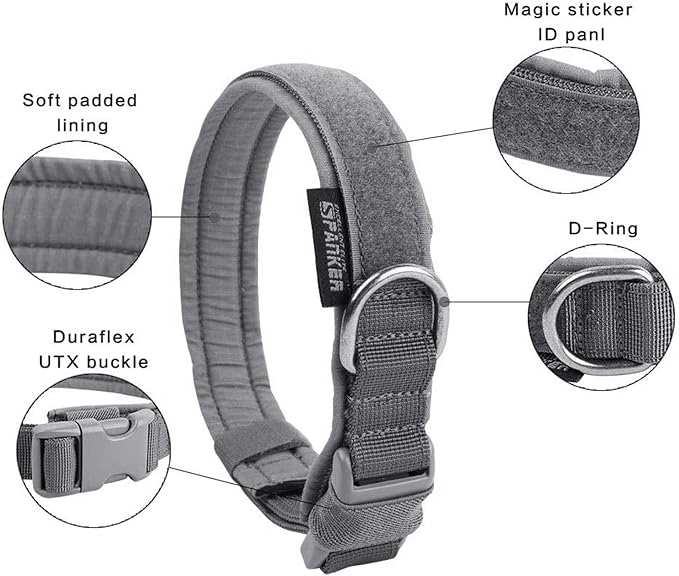 EXCELLENT ELITE SPANKER Tactical Small Puppy Dog Collar Nylon Adjustable Heavy Duty Military for Small Medium and Large Dogs Pet Soft Padded Dog Collar(Grey-S)