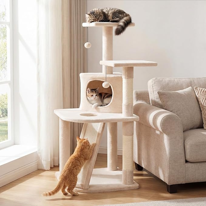 PETSITE 44-inch Multi-Level Cat Tree, Modern Cat Tower with Sisal Scratching Posts, Cozy Condo, Playful Cat Hole, Sisal Covered Ladder, and Dangling Ball, Ideal for Indoor Cats and Kittens (Beige)