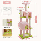 62" Flower Cat Tree for Indoor Cats, Multi-Level Cat Tower with 2 Spacious Condos, Dual Top Perches, Scratching Pad, 4 Scratching Posts, 2 Pompoms, Pink