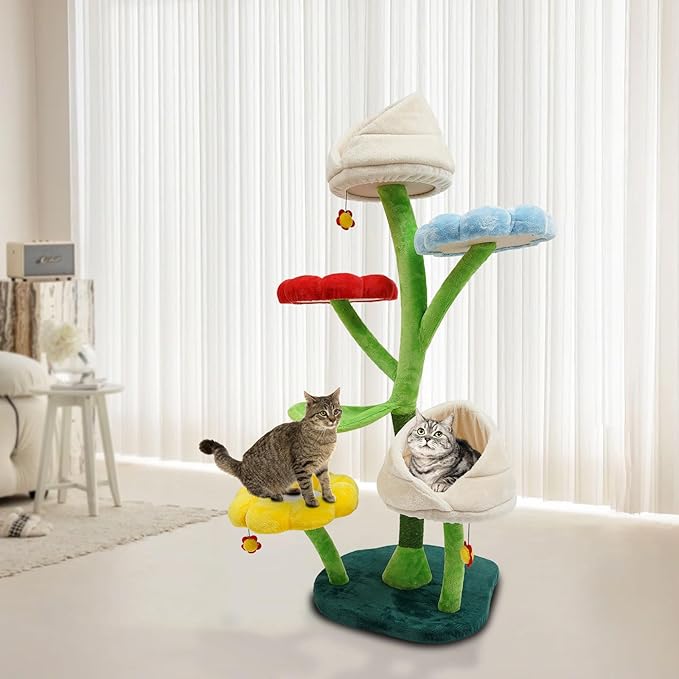 Tall 64 Inch Multi-Level Large Cat Tower - Modern Flower Tree With Resting Platforms, Scratching Posts for Large/Small Climbing, Activity Center Playground