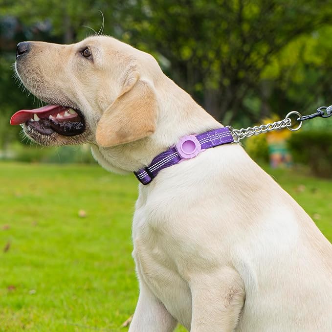 Cymiler Martingale Dog Collar with AirTag Holder, Reflective Nylon Training Collar, Stainless Steel Chain, Heavy Duty Buckle, Limited Slip Collars for Small Medium Large Dogs (Purple, X-Large)