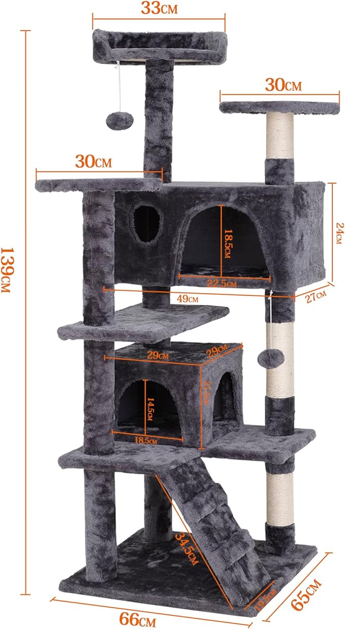 54-Inch Cat Tree Multi-Level Condo Tower Bed Furniture Kitten Play House with Scratching Posts, Dark Grey