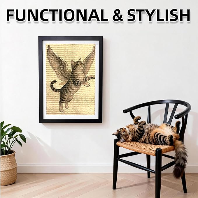 Wall Art Cat Scratcher Mat - Sisal Vertical Cat Scratch Pad with Photo Frame Design, No-Drill Wall-Mounted, 16"x12" Wall & Couch Cat Scratching Mat, 1 Extra Mat Included Free (Winged Cat)