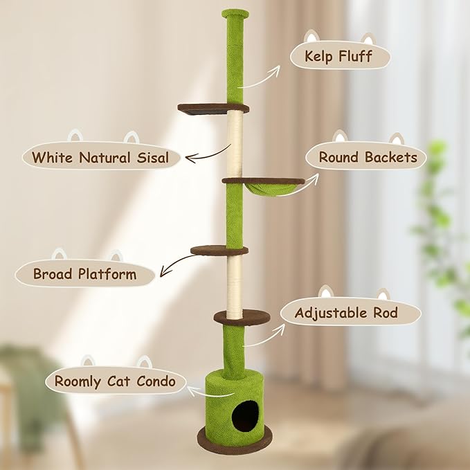 KAMABOKO Floor to Ceiling Cat Tree, Cat Tower 5-Tier Height(88-107 Inches) Adjustable, Tall Cat Climbing Tower with Scratching Post, Cat Cave Condo, Cozy Hammock, and Ball Toy for Indoor Cats