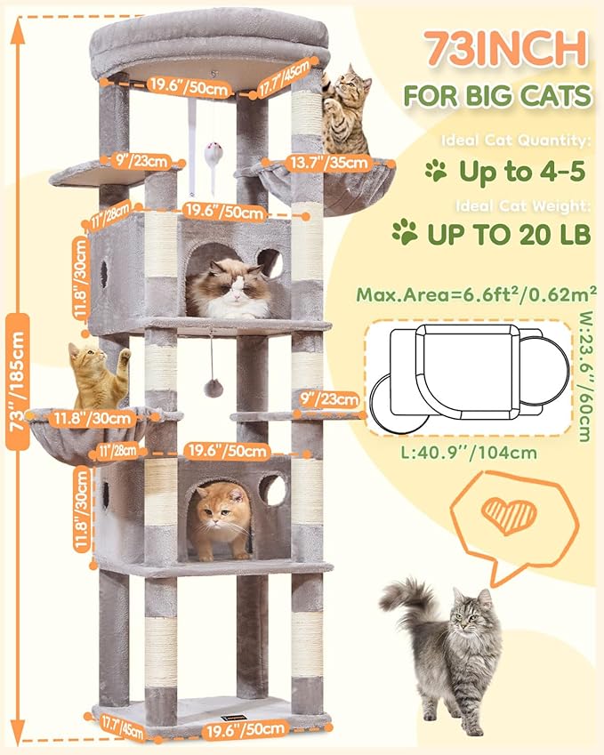 Taoqimiao 73 Inch Cat Tree XXL, Cat Tower for Indoor Cats, Large Cat Tree for Big Cats, Enlarged Platform, 2 Spacious Cat Condos, 9 Scratching Posts, 2 Cozy Baskets, F30W Light Gray