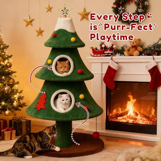 LUCKLIFE 52" Christmas Cat Tree with 2 Cozy Houses,Indoor Modern Cat Tower with Anti-Tip Kit,Plush Perches & Hanging Balls,Holiday Cat Climbing Furniture for Kittens to Play and Sleep