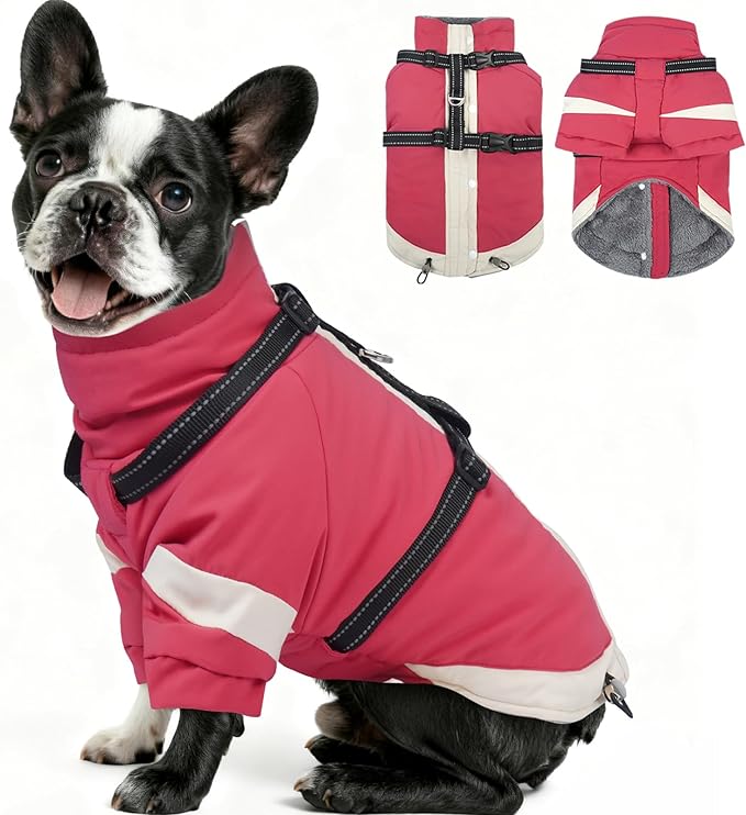 MIGOHI Waterproof Dog Coat with Harness Adjustable Dog Jacket Pet Winter Coat with Zipper,Christmas Small Fleece Jacket for Small Dogs,Extra Long Sleeves Warm Winter Snowsuit for Dogs,M,Pink