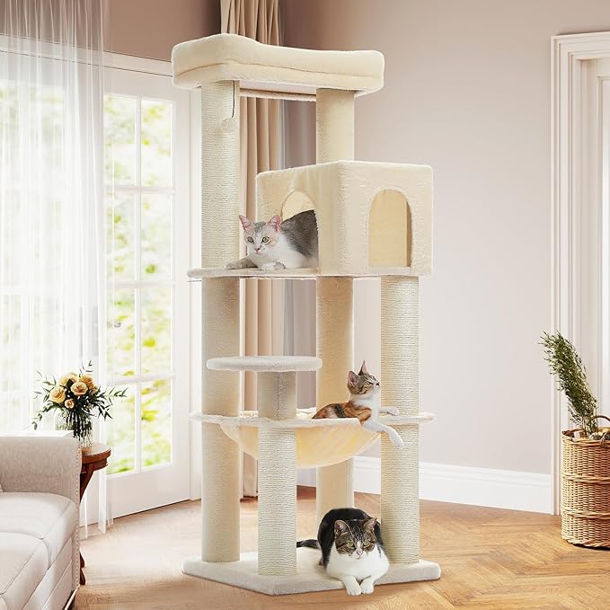 PETEPELA 58" Large Cat Tree for Big Adult Cats up to 30 lbs, Heavy Duty Cat Tower w/Extra-Thick Scratching Posts [φ3.9”], XL Hammock & Spacious Condo, Study Cat Furniture for Maine Coons, Beige
