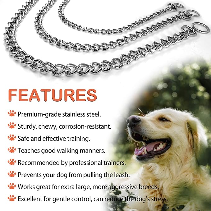 Chain Dog Collars Stainless Steel Metal Chew Proof Necklace Slip P Chain with Connect Clasp for Small Medium Large Dogs Training and Walking.