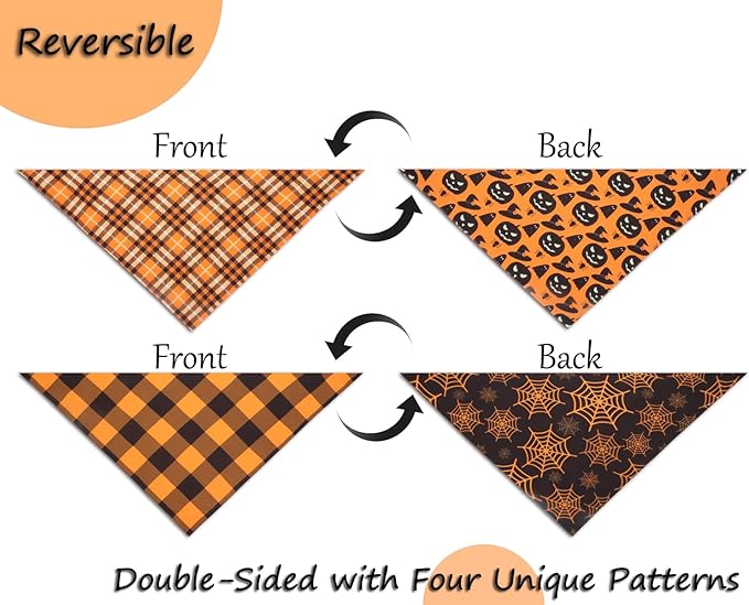 2PCS Thanksgiving Dog Bandanas,Fall Dog Bandanas,One Side Orange Plaid,The Other Side Pumpkin or Spider Web Bibs,Holiday Pet Scarf for Boy and Girl Dogs,Halloween Pet Outfit for Medium to Large Dogs