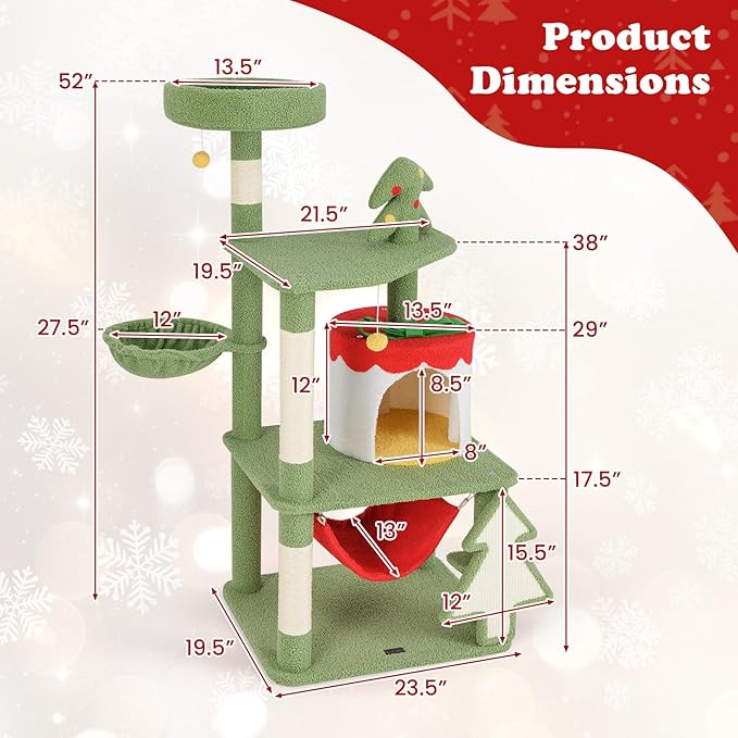 Tangkula Christmas Cat Tree, 52” Tall Cat Tower with Sisal Scratching Posts & Xmas Tree, Plush Perch, Gift Box Shaped Condo, Hanging Toys, Basket Bed, Hammock, Cute Cat Tree Tower Holiday Decoration