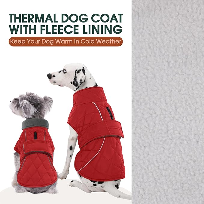 Kuoser Dog Winter Coat Waterproof Dog Snow Jacket, Warm Fleece Lined Pet Turtleneck Snowsuit Puppy Cold Weather Coats with Harness Hole, Adjustable Winter Vest for Medium Large Dogs, Red, L