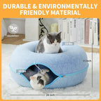 Peekaboo Cat Tunnel for Large Cats up to 30 lbs, Features A Jingle Ball, Removable and Washable Tunnel Bed, and a Cozy Donut Tunnel (Blue, 24 Inches)