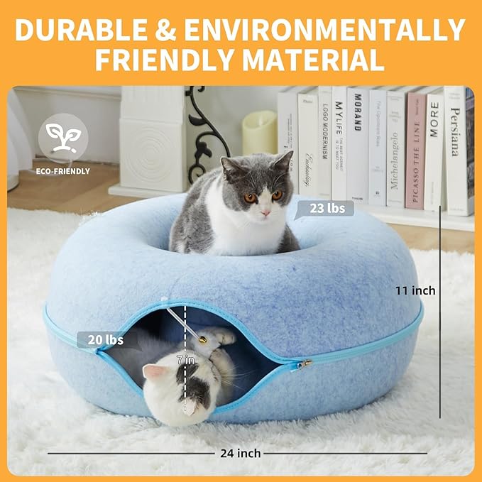 Peekaboo Cat Tunnel for Large Cats up to 30 lbs, Features A Jingle Ball, Removable and Washable Tunnel Bed, and a Cozy Donut Tunnel (Blue, 24 Inches)