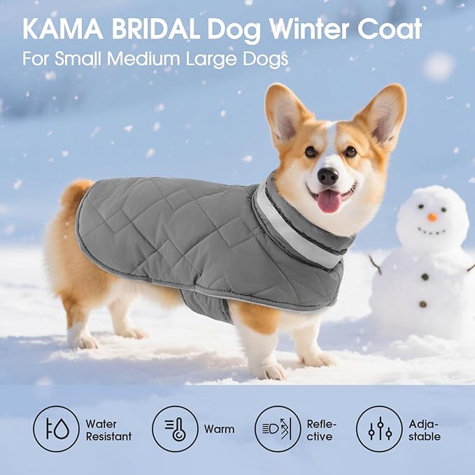 KAMA BRIDAL Dog Winter Coat Warm Padded Puppy Jacket Windproof Water Resistant Clothes for Small Medium Large Pets Christmas Sweater Outfit Vest(Grey, L)