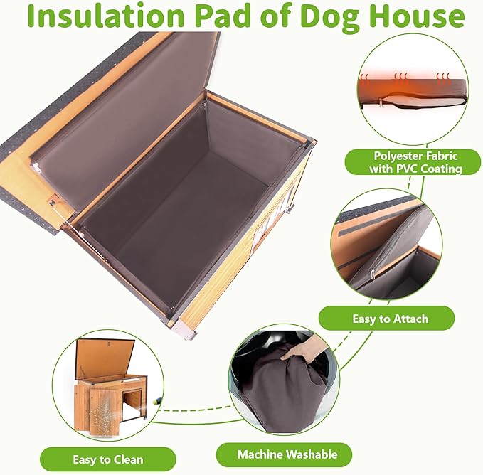 Insulated Dog House Outdoor Weatherproof, Wooden Heated Large Houses with Removable Liner for Winter, Upgrade Anti-Chewing Iron Frame Dog Shelter for Puppies, Cats