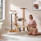 Solid Wood Cat Tree, 40" Tall Wooden Tower for Cats with Scratching Posts, Plush Perch, Large Space Capsule, Platforms, Removable Pads Heavy-Duty Indoor Cat Furniture Toys (Natural)