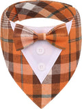 ADOGGYGO Fall Dog Tuxedo Bandana, Orange Plaid Pet Tux Collar with Bowtie, Adjustable Halloween Thanksgiving Formal Costume for Medium Large Dogs Pets (L)
