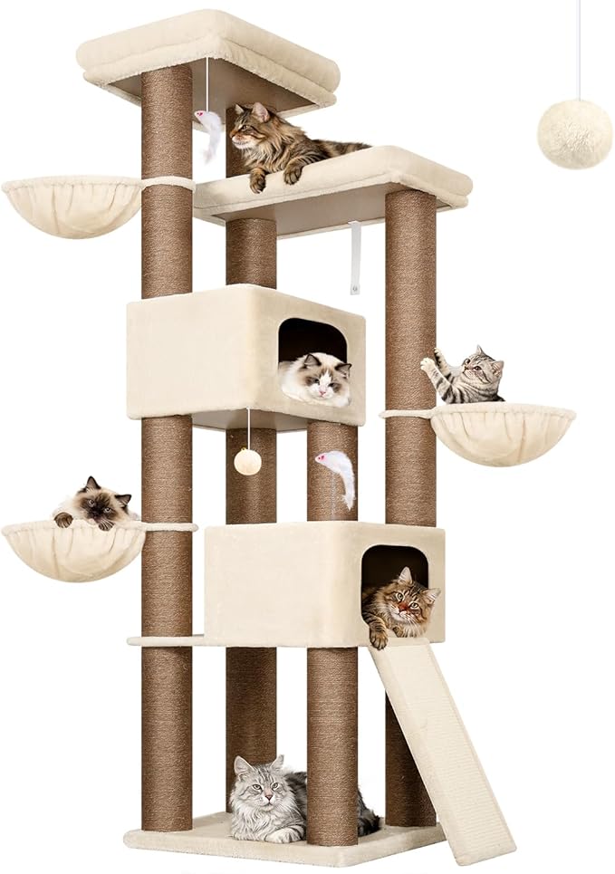 Globlazer 84" Multi-Level Large Cat Tree Tower with Extra Thick Full Sisal Scratching Posts, 2 Cat Condos, 3 Hanging Baskets, 2 Extra Large Platforms & Cat Scratching Ramp,S84, Beige