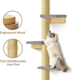 PAWSCRAT Cat Wall Shelves, Wall-Mounted Cat Tree, 5 Tier Floor to Ceiling Cats Tower, 80 Inch Wall-Mounted Cat Scratching Post, Space Saving Cat Furniture and Easliy Climb for All Cats, Gery