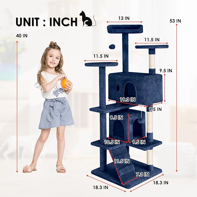 Cat Tree 53 inches Cat Tower for Indoor Cats Cat House with Replaceable and Removable Dangling Ball Cat Trees and Towers with Funny Toys, Navy Blue