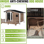 GUTINNEEN Dog House Outdoor with Anti-Chewing Iron Frame, Weatherproof Dog Shelter with Large Porch and Sliding Window, Dog Crate for Small, Medium and Large Dogs Outside (Light Brown)
