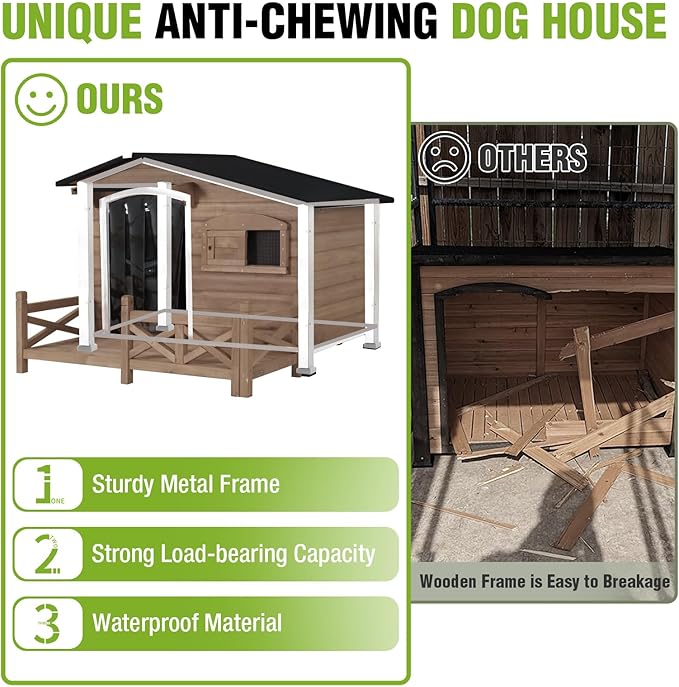 Heated Dog House Outdoor Insulated Weatherproof Dog Kennel with Anti-bite Iron Frame, Heating Pad and Insulated Liner, Dog Shelter with Porch and Sliding Window for Small to Large Breeds (Light Brown)