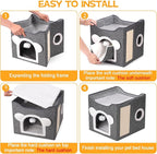 Cat Beds for Indoor Cats, Large Cat House Foldable Cat Cave with Scratch Pad and Hanging Fluffy Ball, Reversible Cushion Hideaway for Pet Cats, 16.5x16.5x13.2 inches, Dark Grey