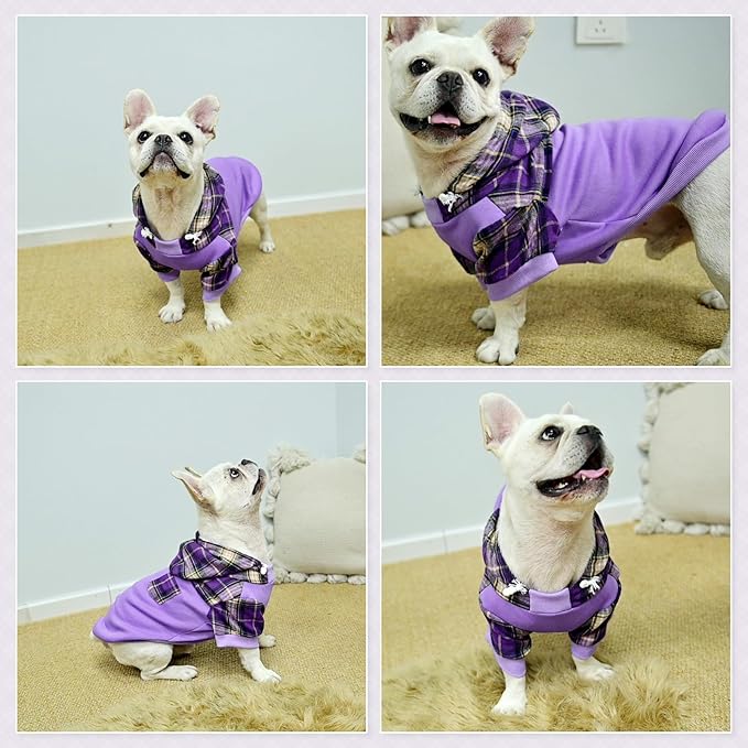 Plaid Dog Hoodie and Sweatshirt, Soft Fleece Pullover with Hat and Leash Hole, Puppy and Bulldog Sizes S M L