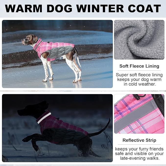 BEAUTYZOO Dog Winter Coat with Harness Built in, Reflective Plaid Puffer Vest Waterproof for X-Small Dogs, Fleece Warm Puppy Zipped Jacket with D Ring, Pet Cold Weather Sweater Clothes, Pink XS