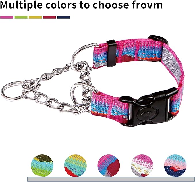 Martingale Dog Collars with Stainless Steel Chain, Reflective No Pull Walking Training Collar with Quick Release Buckle, Adjustable Slip Chain Nylon Dog Collars for Small Medium Large Dogs