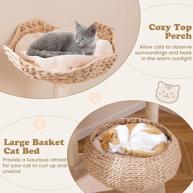 Tangkula Modern Cat Tree, 58 Inch Cat Tower with Sisal Scratching Posts, Condo, Cattail Plush Perch, Basket Cat Bed, Dangling Ball, Removable & Washable Cushions, Aesthetic Cat Tree for Indoor Cats