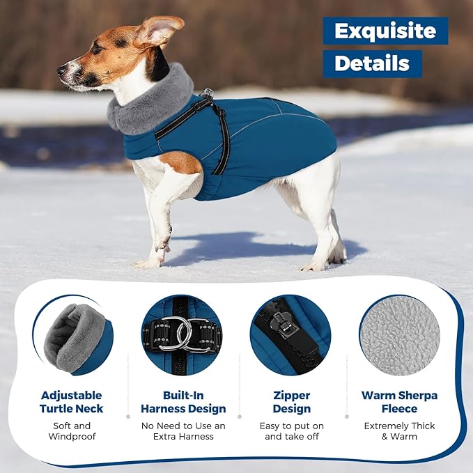 Queenmore Dog Jackets for Large Dogs,Dog Coat with Harness Built in,Dog Coats for Large Dogs,Waterproof Doggy Coat with Zipper On Back,Warm Fleece Lining Cold Pet Coats with Furry Collar,Blue,XL