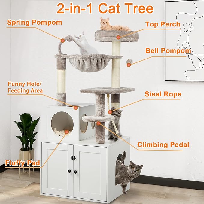 Cat Tree with Litter Box Enclosure, 2-in-1 Cat Tower for Indoor Cats, Large Wood Cat Condo with Basket, Scratching Posts, Pompoms, White