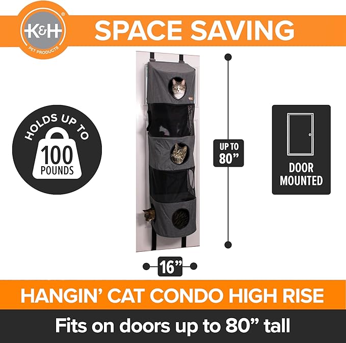 K&H Pet Products Hangin Cat Tree Condo 5 Level Door Mounted Cat Furniture, Space Saving, Mesh Levels, Peep Holes, Interconnecting Levels, Collapsible, Tool-Free Assembly - Gray - Fits Doors <80in H
