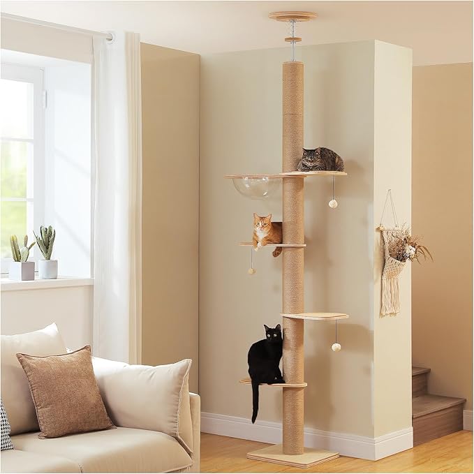 Floor to Ceiling Cat Tree for Indoor Cats, 5-Tier Adjustable Height (79-103 Inch) Sturdy Wooden Tall Cat Climbing Tower with 4.1" Thick Scratching Posts, Acrylic Cave, Non-Slip Pads & 3 Pompoms