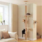 Floor to Ceiling Cat Tree for Indoor Cats, 5-Tier Adjustable Height (79-103 Inch) Sturdy Wooden Tall Cat Climbing Tower with 4.1" Thick Scratching Posts, Acrylic Cave, Non-Slip Pads & 3 Pompoms