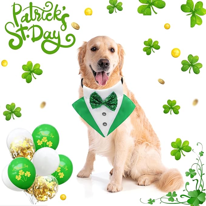 St.Patrick's Day Dog Tuxedo Bandanas Costume Pet Green Irish Outfits Adjustable Saint Patrick's Day Dog Scarf Bow Tie Collar for Large Dogs Cats Cosplay Party Dress Doggie Bibs (Green, Large)