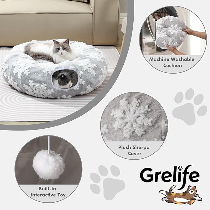 Grelife Cat Tunnel Bed for Indoor Cats, Cute Cat Tunnel Toys, Cat Donut Tunnel Toys with Washable/Removable Cushion, Non-Slip Base, for Cats, Kittens, Small Pets(33.4")