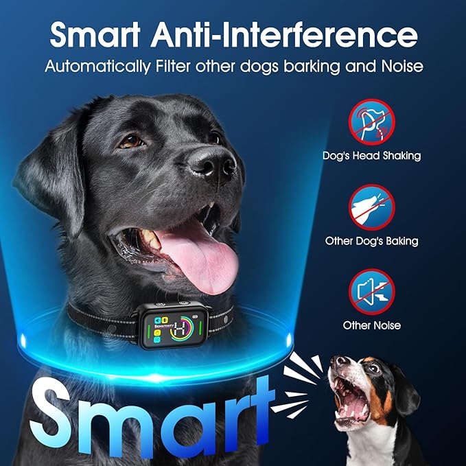 Dog Bark Collar for Large Medium Small Dogs - Smart AI 1S Stop Barking, Anti Barking Device & Dog Training Collar with Beep, Vibration & 8-Level Sensitivity, IP67 Waterproof, USB-C Fast Charge - Black