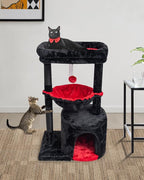 SYANDLVY Gothic Cat Tree with Coffin Bed for Indoor Cats, Small Cat Tower with Scratching Post, Modern Activity House Condo with Cradle, Kittens Cave, Black & Red