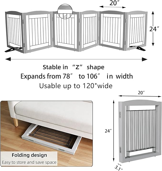 Dog Fence Indoor,Dog Gate Indoor for Doorway pet gate -6-Panel Freestanding, Hallways, House or Stairs -120x24-Inch Retractable Foldable Expandable Wood Pet by SFJC (Grey) ﻿