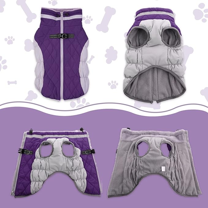 Lelepet Dog Coat Warm Dog Winter Coat Waterproof Dogs Jacket with Harness Built in Reflective Pet Fleece Vest Zip-Up Cold Weather Coats for Large Dogs Turtleneck & Windproof Coats Boxer Purple XL