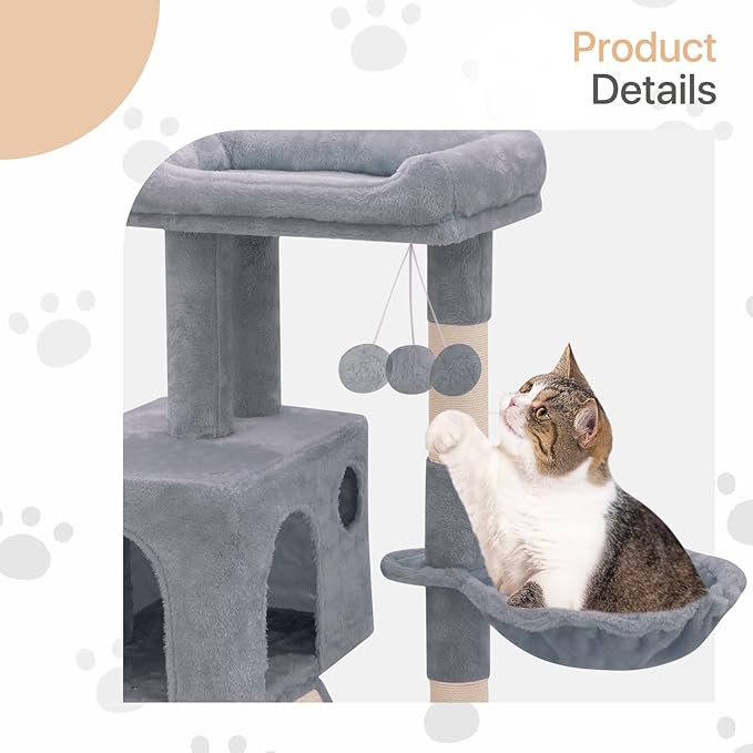36 Inch Cat Tower for Indoor Cats, Multi Level Cat Condo with Scratching Post, Ramp, Plush Perch, Cat Cave, Basket, Cat Activity Center w/Ball for Small Space, Light Gray