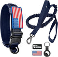 Tactical Dog Collar and Bungee Leash,Military Dog Collar & Leash Set with USA American Flag Adjustable K9 Collar with Heavy Duty Metal Buckle & Handle,with Patches and Airtags Case (Blue, XL)