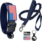 Tactical Dog Collar and Bungee Leash,Military Dog Collar & Leash Set with USA American Flag Adjustable K9 Collar with Heavy Duty Metal Buckle & Handle,with Patches and Airtags Case (Blue, XL)